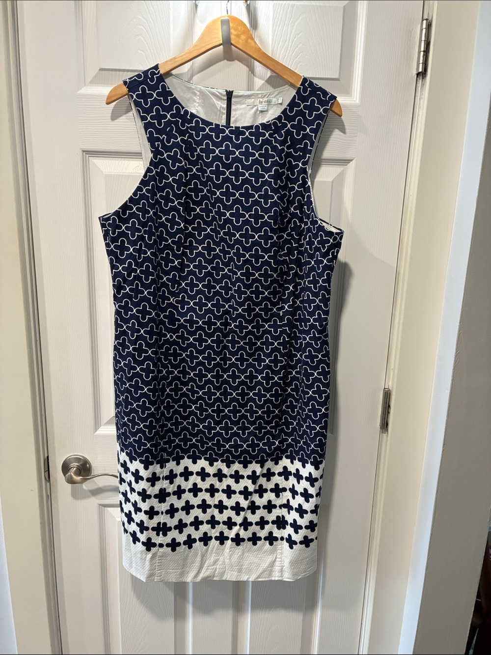 Boden Navy and White Sleeveless Midi Sheath Dress with Cross Pattern